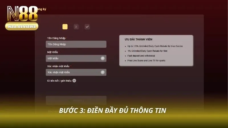 Người chơi nhập dữ liệu cá nhân theo đúng yêu cầu hệ thống